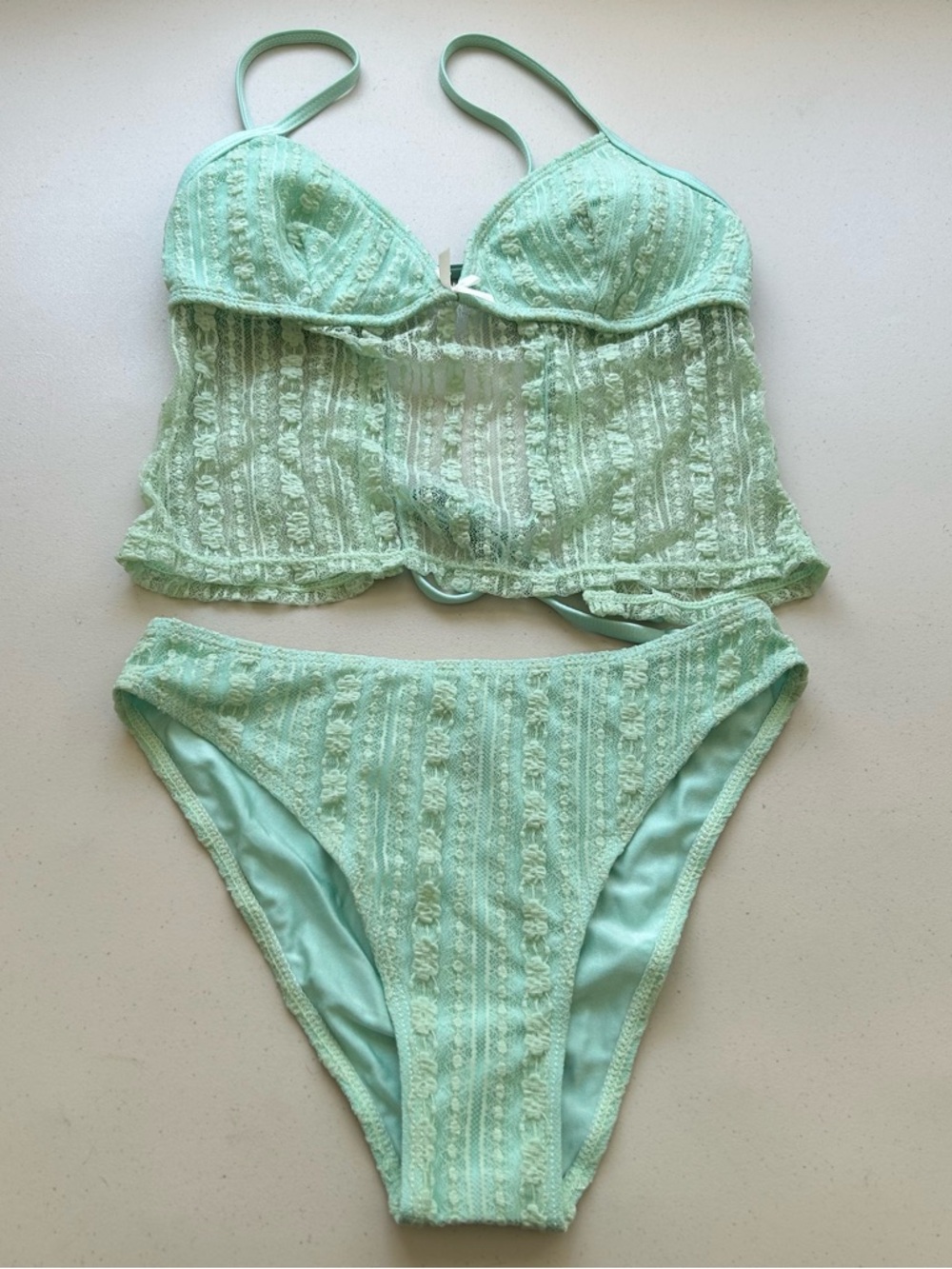 Samiol Tankini Bikini Set Small Cyan Hollow Lace Beachwear